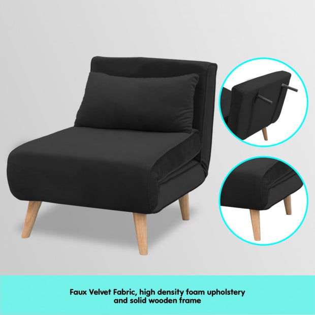 Siena Faux Velvet Single Sofa Bed Chair by Sarantino - Black Image 9