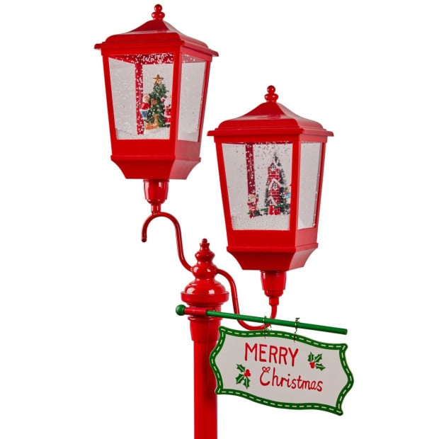 Christmas Lamp Post with Lights Music & Snow - Red 195cm Image 2