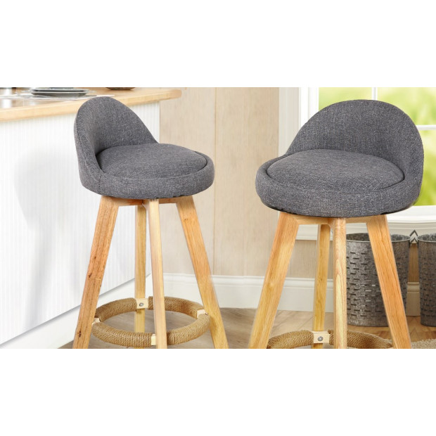 2 X Wooden Bar Stools Grey Fabric