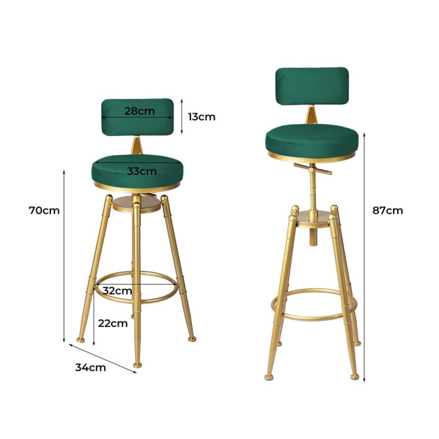 1x Bar Stools Kitchen Stool Chair Swivel Barstools Golden Frame with Green Velvet Padded Seat Image 3