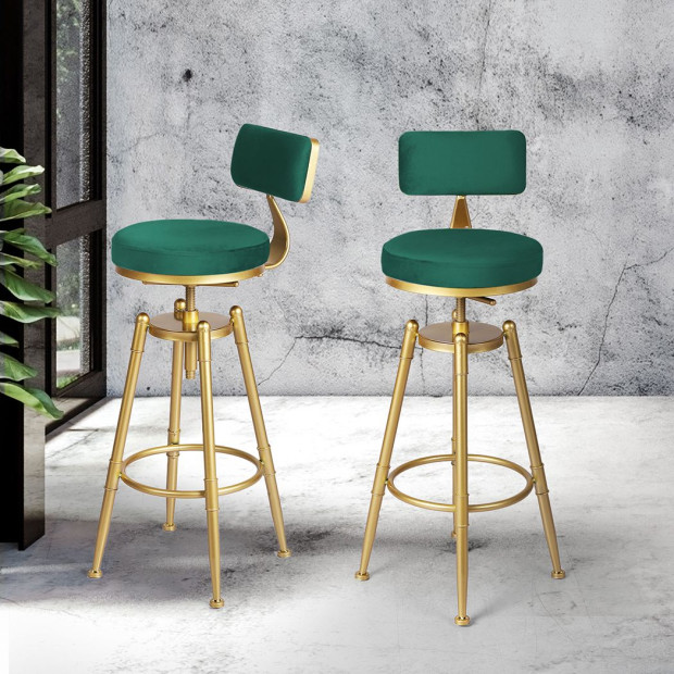 1x Bar Stools Kitchen Stool Chair Swivel Barstools Golden Frame with Green Velvet Padded Seat Image 7