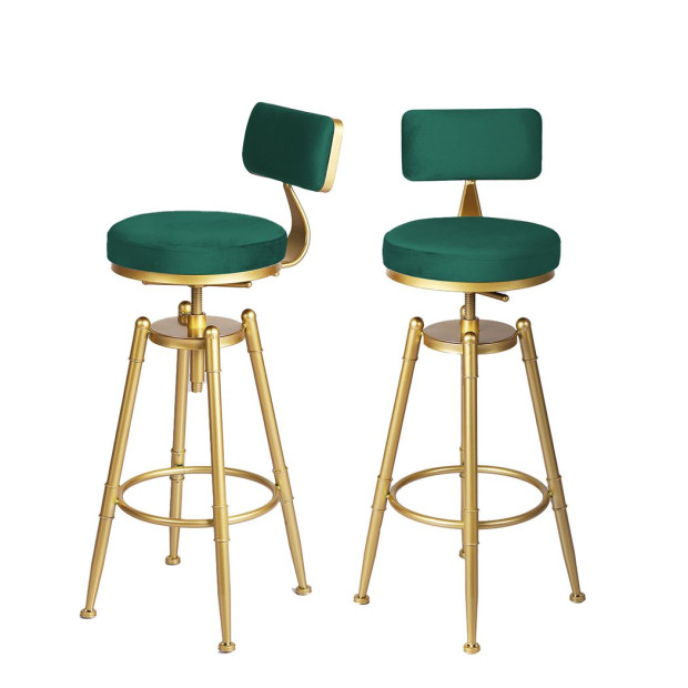 1x Bar Stools Kitchen Stool Chair Swivel Barstools Golden Frame with Green Velvet Padded Seat