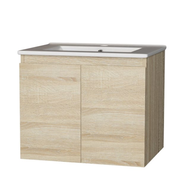 Vanity Basin Cabinet Storage Bathroom Wall Mounted Ceramic 600mm Oak