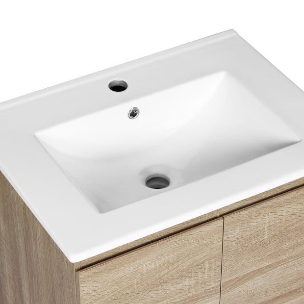 Vanity Basin Cabinet Storage Bathroom Wall Mounted Ceramic 600mm Oak Image 3