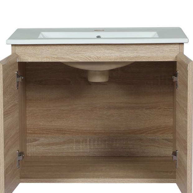 Vanity Basin Cabinet Storage Bathroom Wall Mounted Ceramic 600mm Oak Image 4