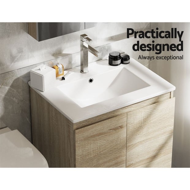 Vanity Basin Cabinet Storage Bathroom Wall Mounted Ceramic 600mm Oak Image 5