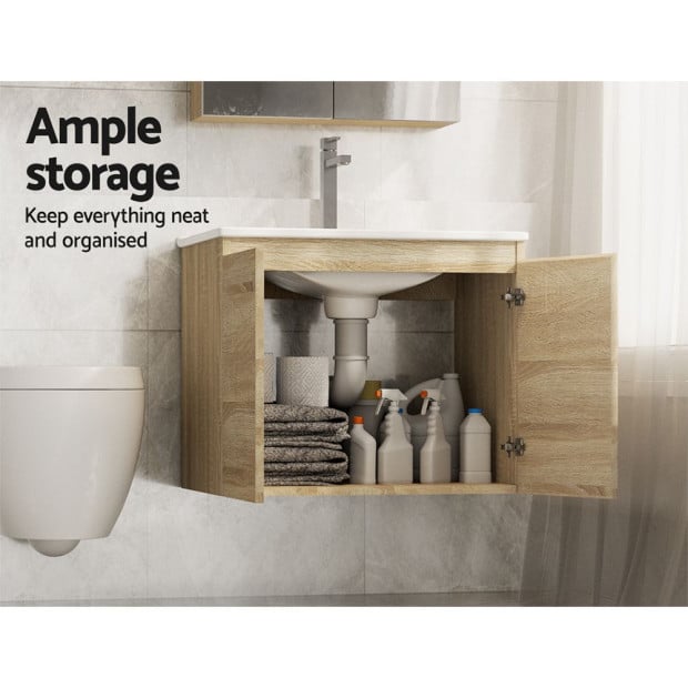 Vanity Basin Cabinet Storage Bathroom Wall Mounted Ceramic 600mm Oak Image 6