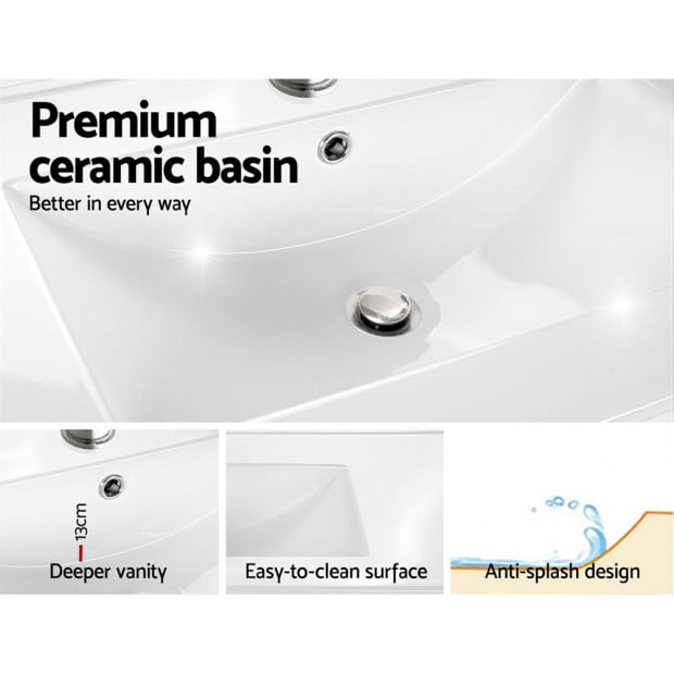 Vanity Basin Cabinet Storage Bathroom Wall Mounted Ceramic 600mm Oak Image 7