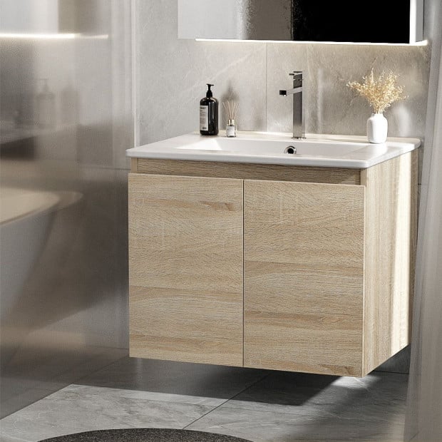 Vanity Basin Cabinet Storage Bathroom Wall Mounted Ceramic 600mm Oak Image 8