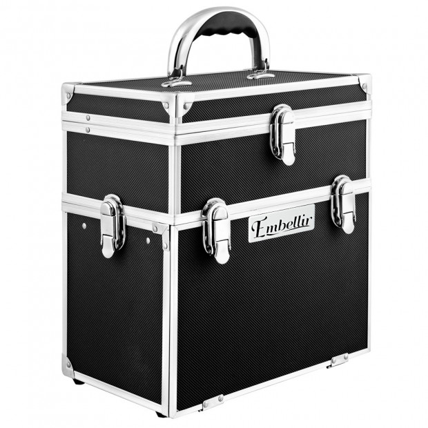 Portable Cosmetic Beauty Carry Case Box with Mirror - Black