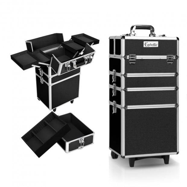 7 in 1 Portable Beauty Make up Cosmetic Trolley Case - Black
