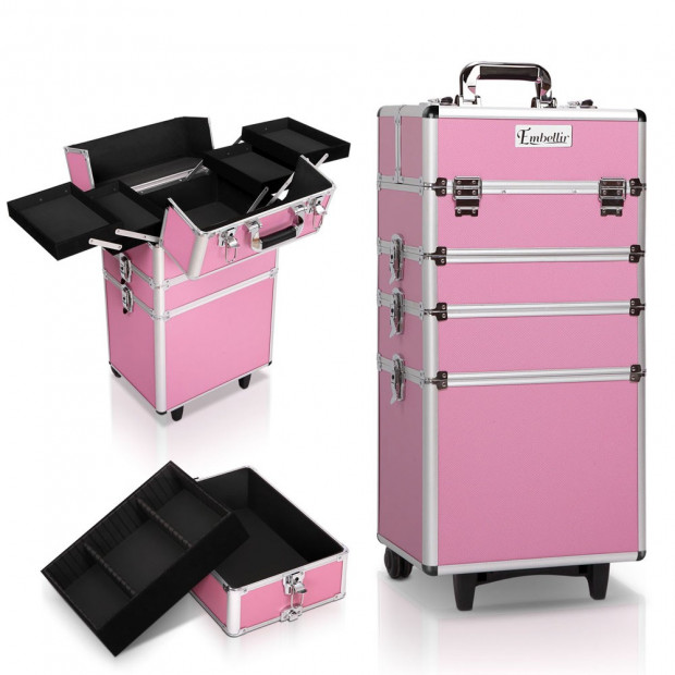 7 in 1 Portable Beauty Make up Cosmetic Trolley Case - Pink