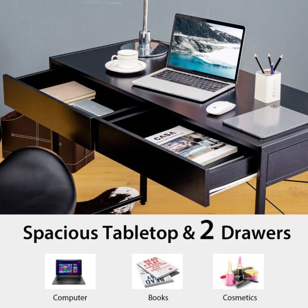 Computer Desk With 2 Drawers With Storage For Home Office Black Image 3