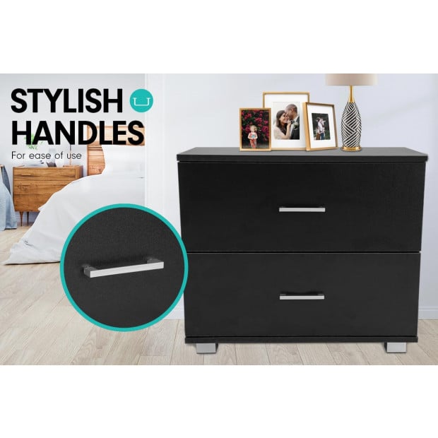 Bedside Table with Drawers MDF - Black Image 3