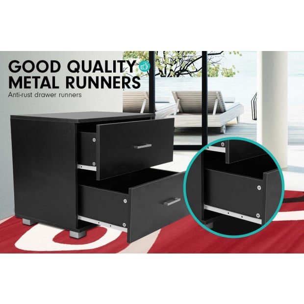 Bedside Table with Drawers MDF - Black Image 6