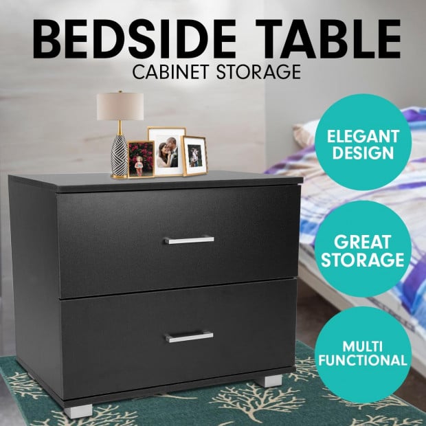 Bedside Table with Drawers MDF - Black