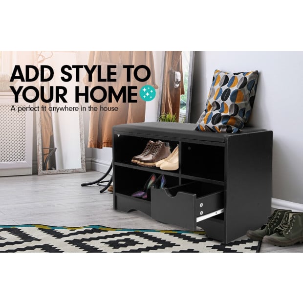 Shoe Rack Cabinet Organiser Black Cushion - 80 x 30 x 45 - Black Image 2