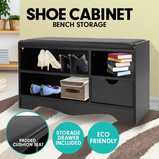 Shoe Rack Cabinet Organiser Black Cushion - 80 x 30 x 45 - Black