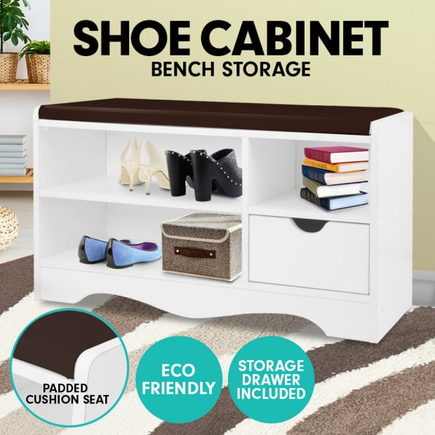 Shoe Rack Cabinet Organiser Brown Cushion - 80 x 30 x 45 - White