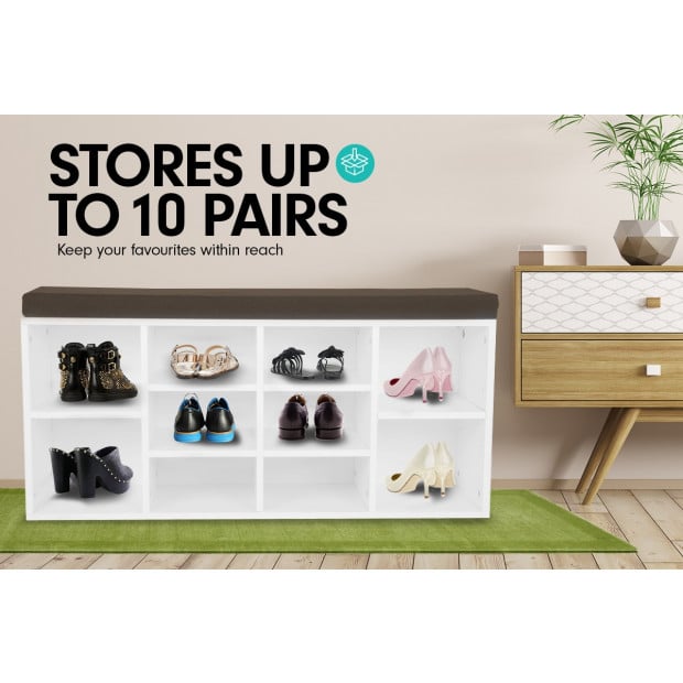 Shoe Rack Cabinet Organiser Brown Cushion - 104 x 30 x 45 - White Image 7