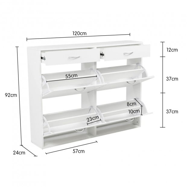 Sarantino 24 Pairs Shoe Cabinet Storage White Drawers Chest 1200 x 240 x 920 in White Image 2
