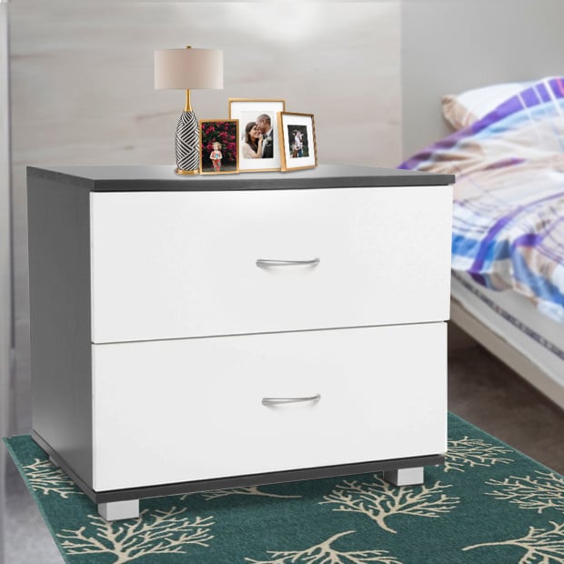 Bedside Table with Drawers MDF - Black White Image 7