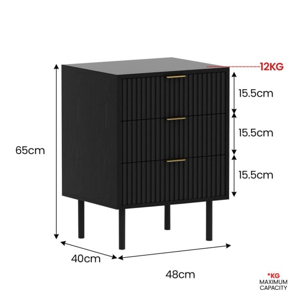 Sarantino Evelyn Bedside Table with 3 Drawers - Black Image 4