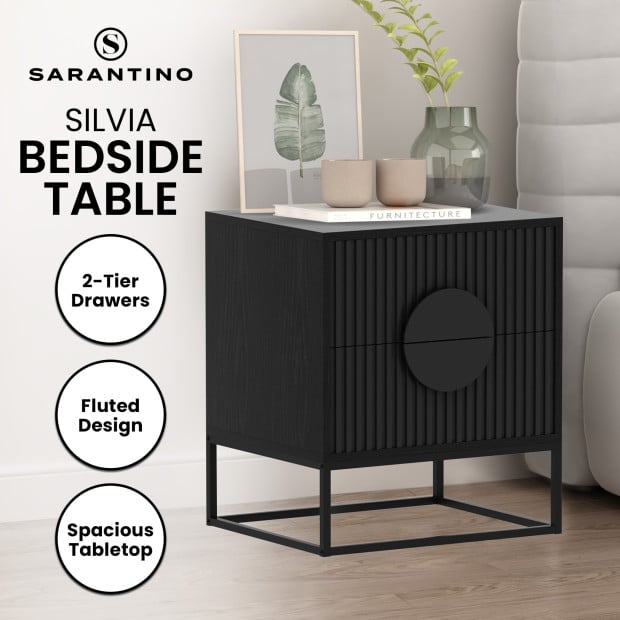 Sarantino Silvia Bedside Table with 2 Drawers and Black Handles