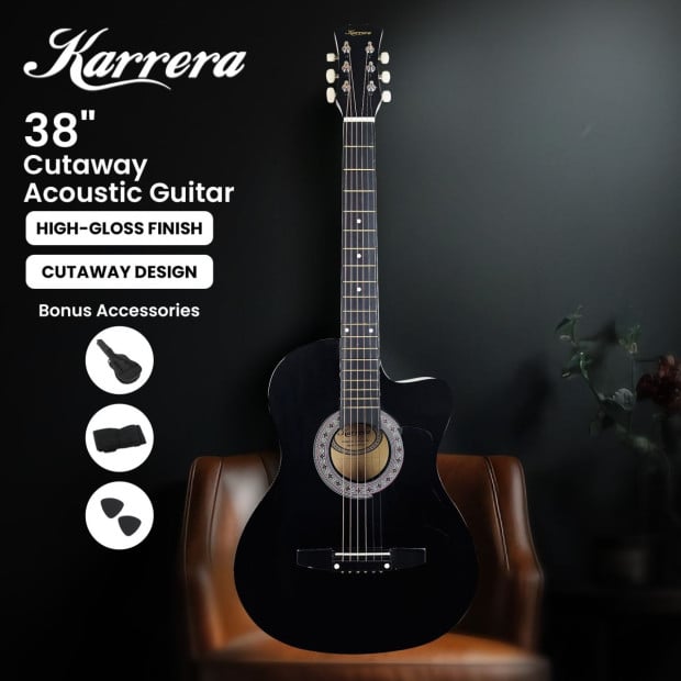 Karrera 38in Cutaway Acoustic Guitar with Guitar Bag - Black