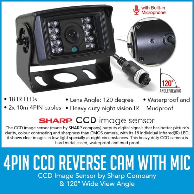 7in HD Monitor 4pin System CCD Reversing Camera Kit Cable Mic 12V 24V Image 4