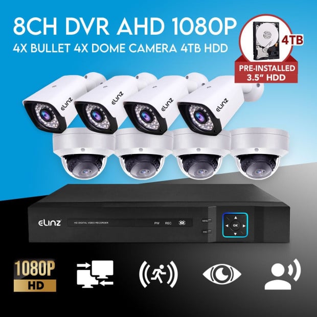 8CH AHD 1080P HD DVR 4x Bullet 4x Dome Security Camera System 4TB HDD