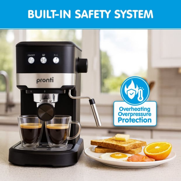 Pronti CM-850D Coffee Machine 20 Bar Espresso Maker with Milk Frother and 1.25L Tank Image 8