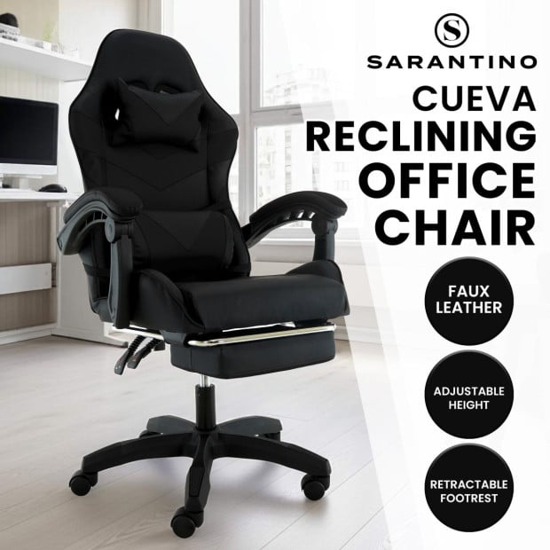 Sarantino Cueva Reclining High Back Office Gaming Chair with Retractable Footrest Office Computer Seating in Black