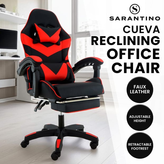 Sarantino Cueva Reclining High Back Office Gaming Chair with Retractable Footrest Office Computer Seating in Black & Red