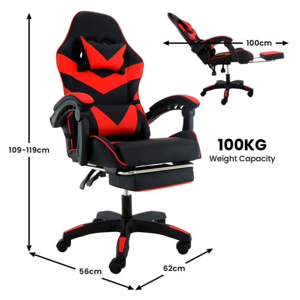 Sarantino Cueva Reclining High Back Office Gaming Chair with Retractable Footrest Office Computer Seating in Black & Red Image 4