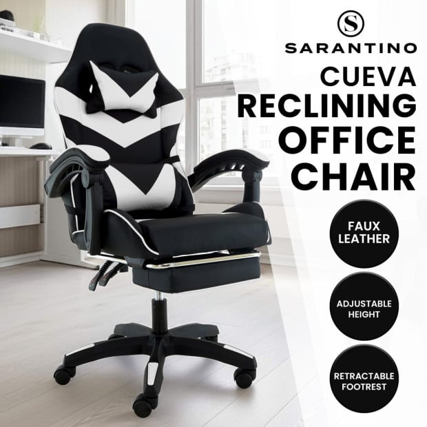 Sarantino Cueva Reclining High Back Office Gaming Chair with Retractable Footrest Office Computer Seating in Black/White