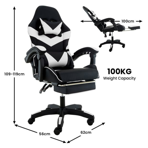 Sarantino Cueva Reclining High Back Office Gaming Chair with Retractable Footrest Office Computer Seating in Black/White Image 4