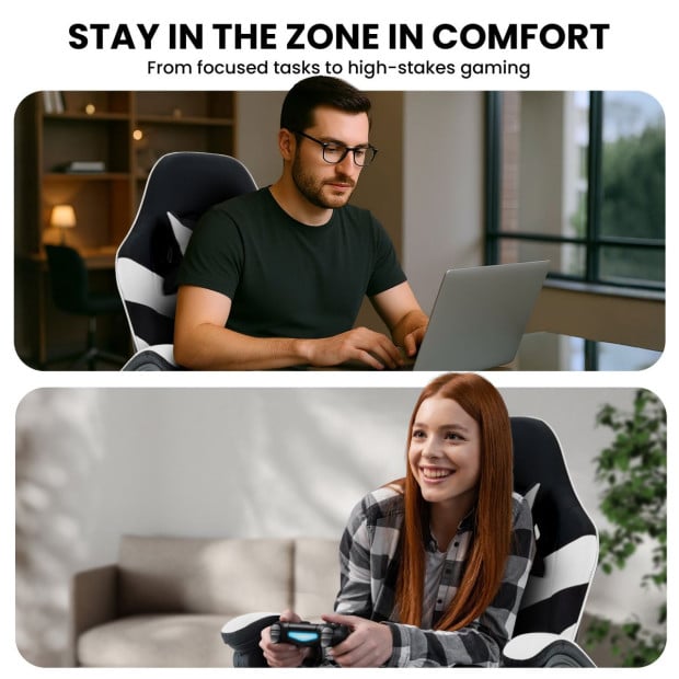 Sarantino Cueva Reclining High Back Office Gaming Chair with Retractable Footrest Office Computer Seating in Black/White Image 6