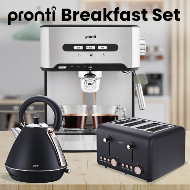 Pronti Toaster, Kettle & Coffee Machine Breakfast Set - Black