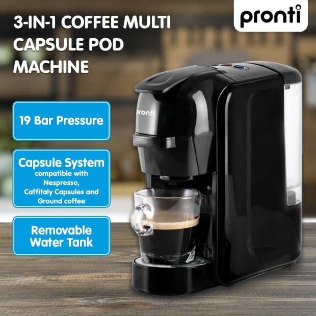 Pronti HomeMaid 3-in-1 Coffee Machine Multi-Capsule Pods and Ground Coffee Nespresso & Caffitaly Compatible CM-511HM