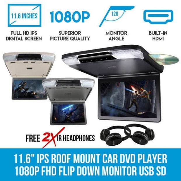 11.6in Ips Roof Mount Car Dvd Player Slim 1080p Flip Down Monitor Grey