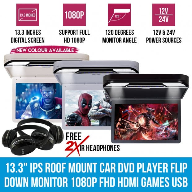 Elinz 13.3in Ips Roof Mount Car Dvd Player Flip Down Monitor Black