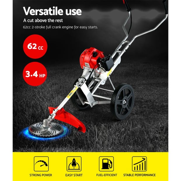62cc Petrol Brush Cutter Whipper Saw Trimmer 2 Stroke 3-in-1 Wheel Image 5
