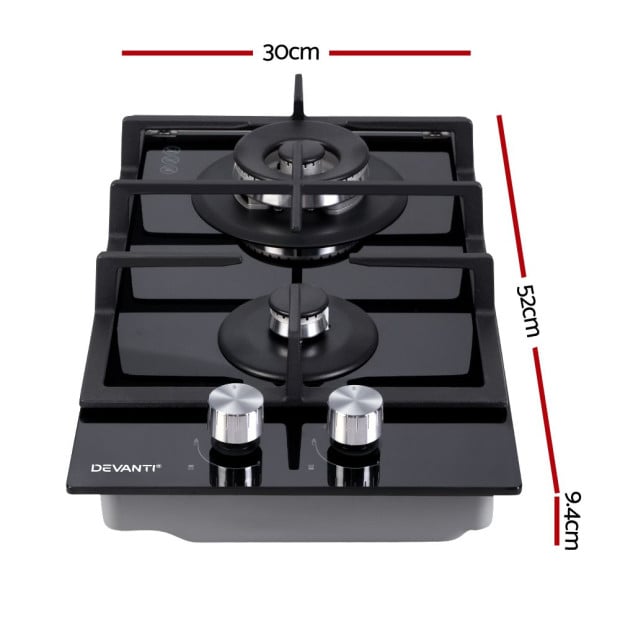 Gas Cooktop 30cm Gas Stove Cooker 2 Burner Cook Top Konbs NG LPG Black Image 2