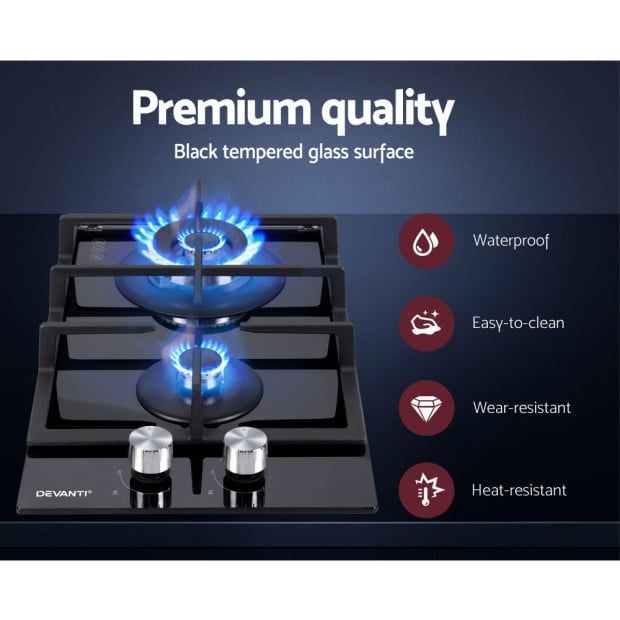 Gas Cooktop 30cm Gas Stove Cooker 2 Burner Cook Top Konbs NG LPG Black Image 5