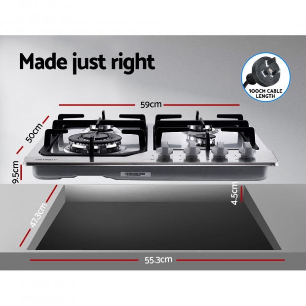 Gas Cooktop 60cm Gas Stove Cooker 4 Burner Cook Top Konbs NG LPG Steel Image 2