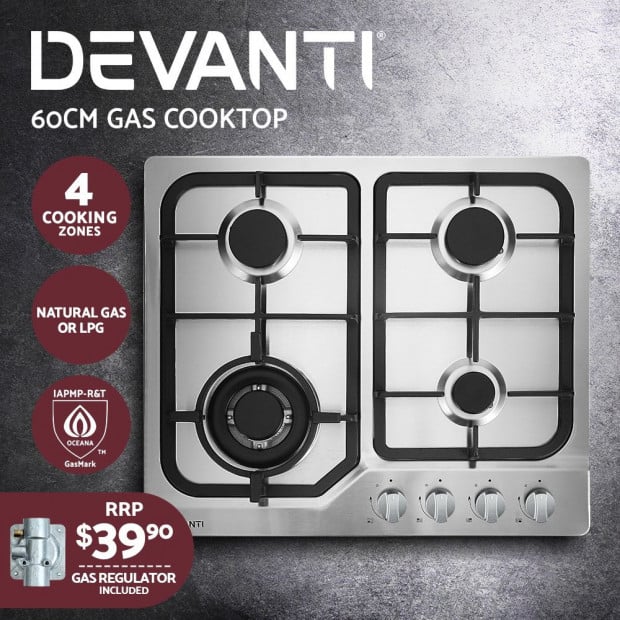 Gas Cooktop 60cm Gas Stove Cooker 4 Burner Cook Top Konbs NG LPG Steel Image 3