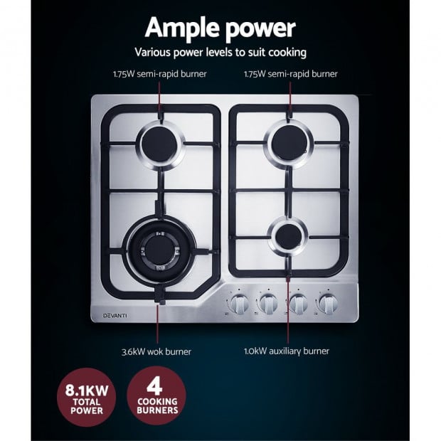 Gas Cooktop 60cm Gas Stove Cooker 4 Burner Cook Top Konbs NG LPG Steel Image 5