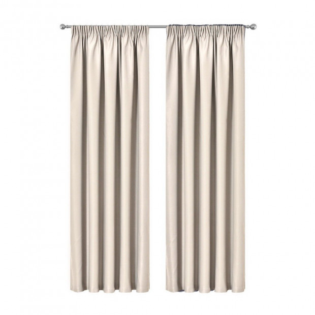 Artqueen 2X Pinch Pleat Pleated Blockout Curtains Sand 180cmx230cm