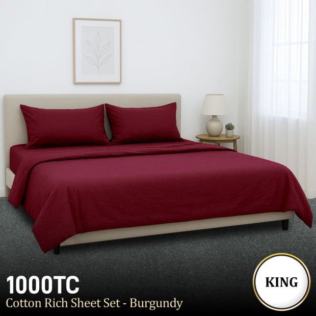 1000 Thread Count Cotton Rich King Bed Sheets 4-Piece Set - Burgundy
